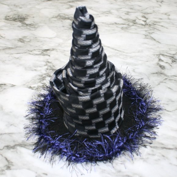 HAND CRAFTED Headband Witch Hat Upcycled Necktie Black Grey Whimsigoth Neck Tie - Picture 4 of 11